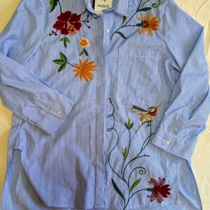 NWT Zara Women Large Blue White Pinstripe Collared Spring Embroidery Blouse